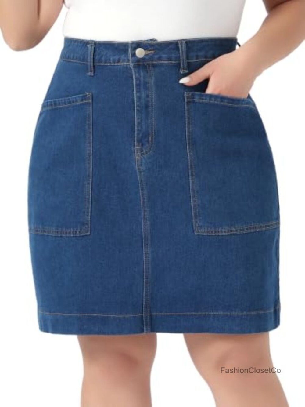 Plus Size Denim Pencil Skirt High Waist Knee Length with Pockets Work Casual